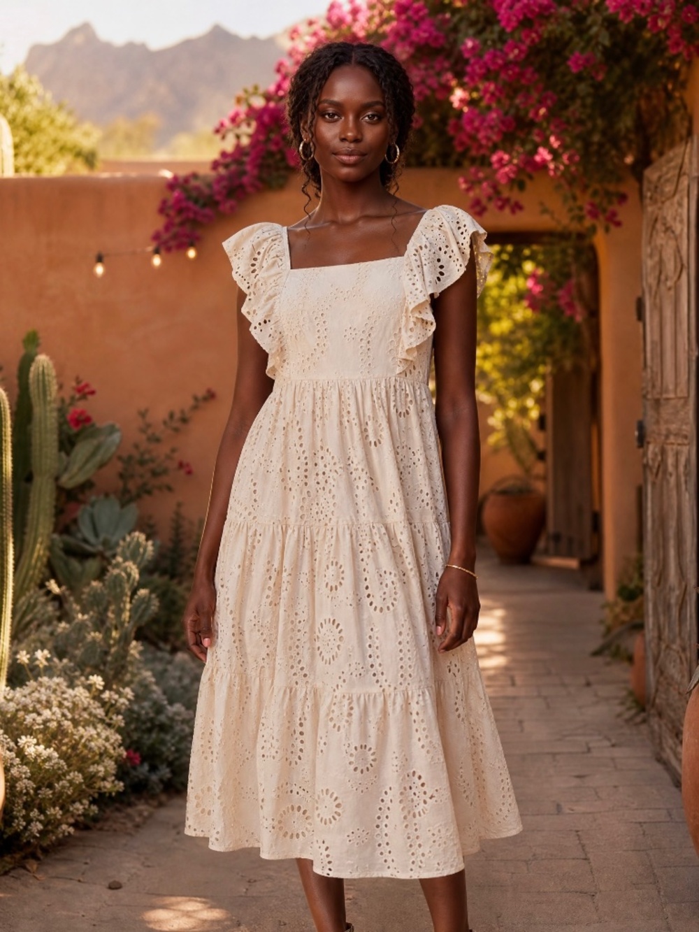 Flying Tomato Beige Cotton Eyelet Midi Dress | Open Back Ruffle Dress - Picture 1 of 5